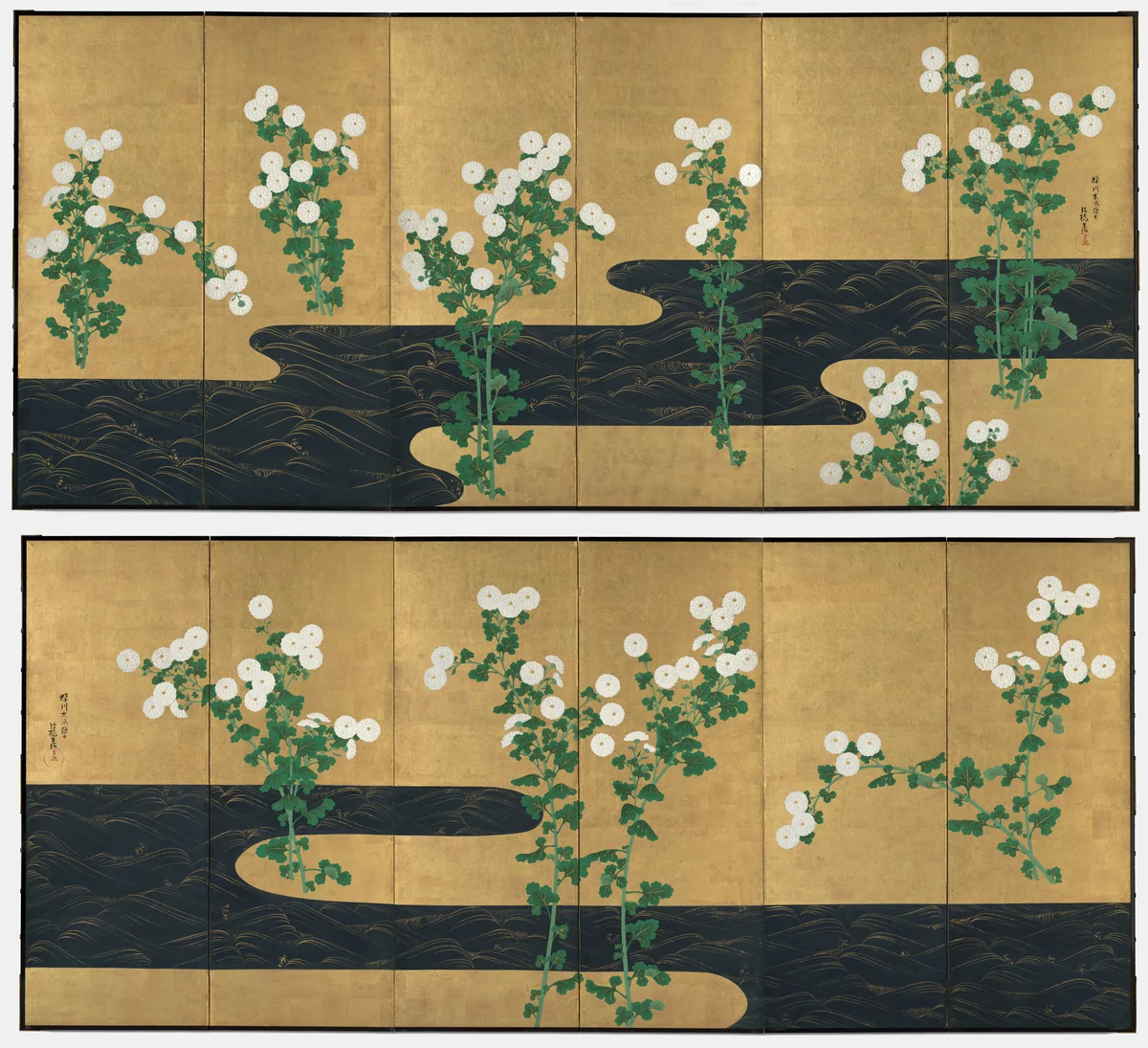 Chrysanthemums by a Stream by Ogata Kōrin, painting, 1715-1930