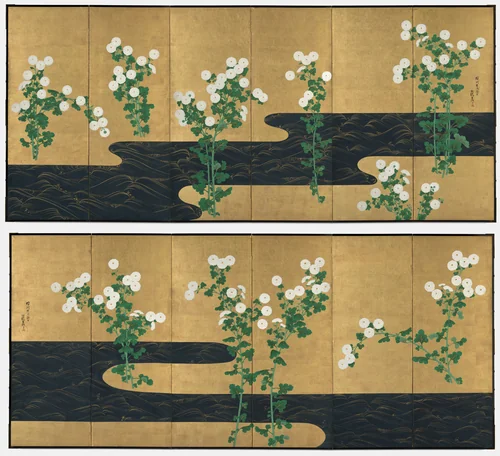 Chrysanthemums by a Stream by Ogata Kōrin, painting, 1715-1930