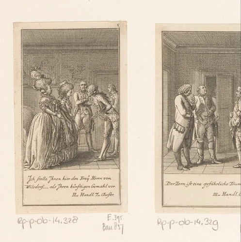 Wilhelmine wordt voorgesteld aan haar beoogde huwelijkspartner by Daniel Nikolaus Chodowiecki, print, 1781