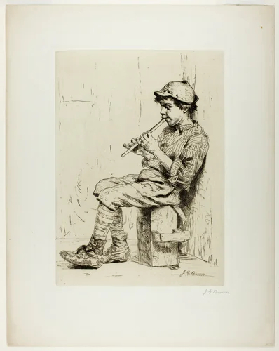 Boy Playing a Flute by John George Brown, print, 1855-1865