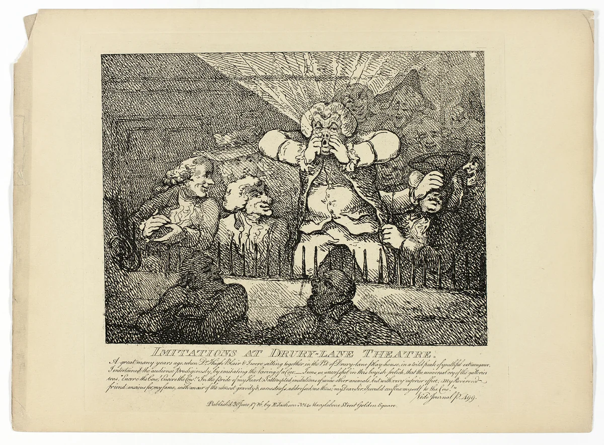 Imitations and Drury-Lane Theatre, from Boswell's Tour of the Hebrides by Thomas Rowlandson, print, 1786