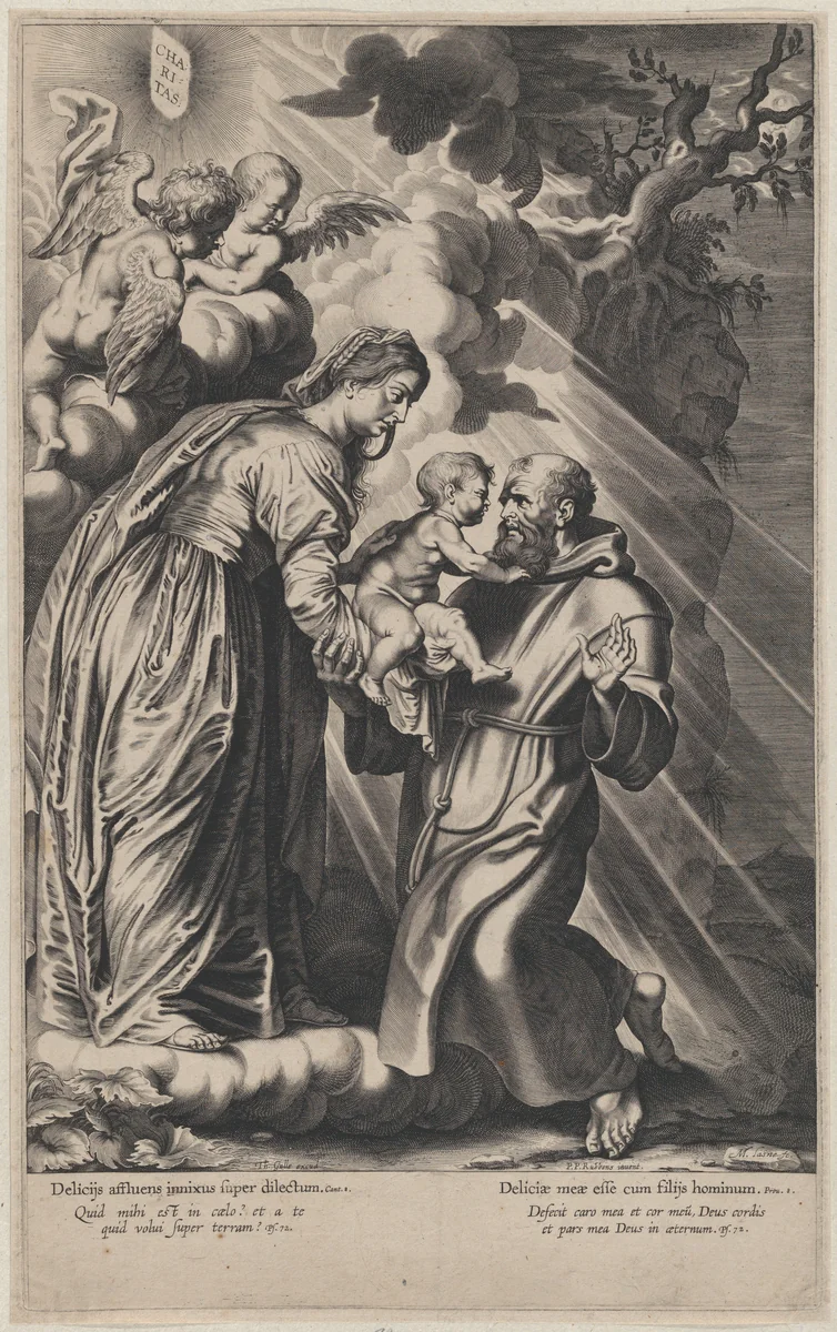 The Vision of Saint Francis, kneeling at right, receiving the Christ child from the Virgin Mary by Michel Lasne, print, 1617-1620