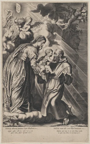 The Vision of Saint Francis, kneeling at right, receiving the Christ child from the Virgin Mary by Michel Lasne, print, 1617-1620