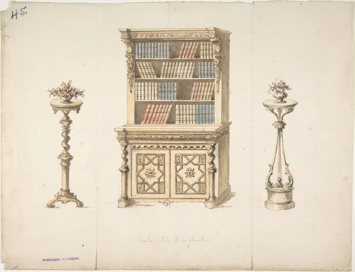 Design for a Cabinet-Bookcase and Two Stands for Flowers by anonymous, drawing, 1815-1840
