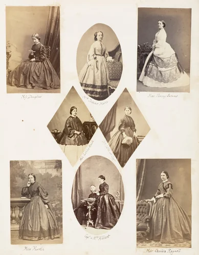 Miss Douglas; Mlle Isaline Motte; Miss Fanny Evans; Miss Catinka Smith; Mrs Leitch née Lloyd; Miss Martin; Capt. & Mrs Hibbert; Miss Cecilia Regnell by John Dillwyn Llewelyn, photograph, 1853-1856