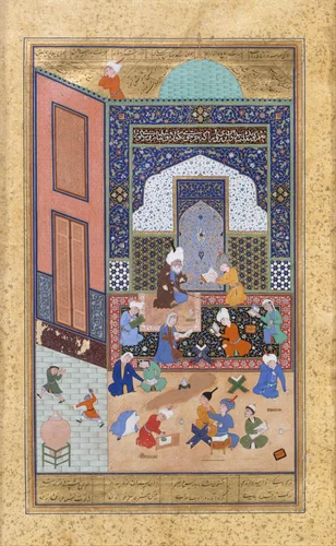 "Laila and Majnun in School", Folio 129 from a Khamsa (Quintet) of Nizami of Ganja by Nizami, manuscript, 1500-1550
