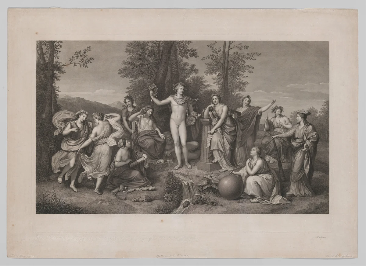 Apollo and the Muses on Parnassus by Raphael Morghen, print, 1784