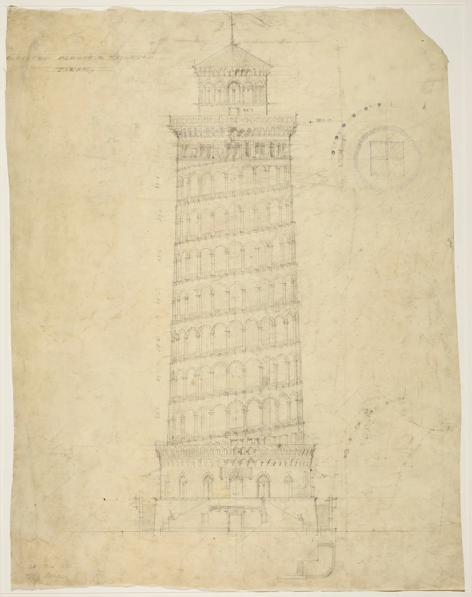 World's Columbian Exposition Elevated Electric Railroad Tower, Chicago, Illinois, Elevation by Peter J. Weber, drawing, 1892
