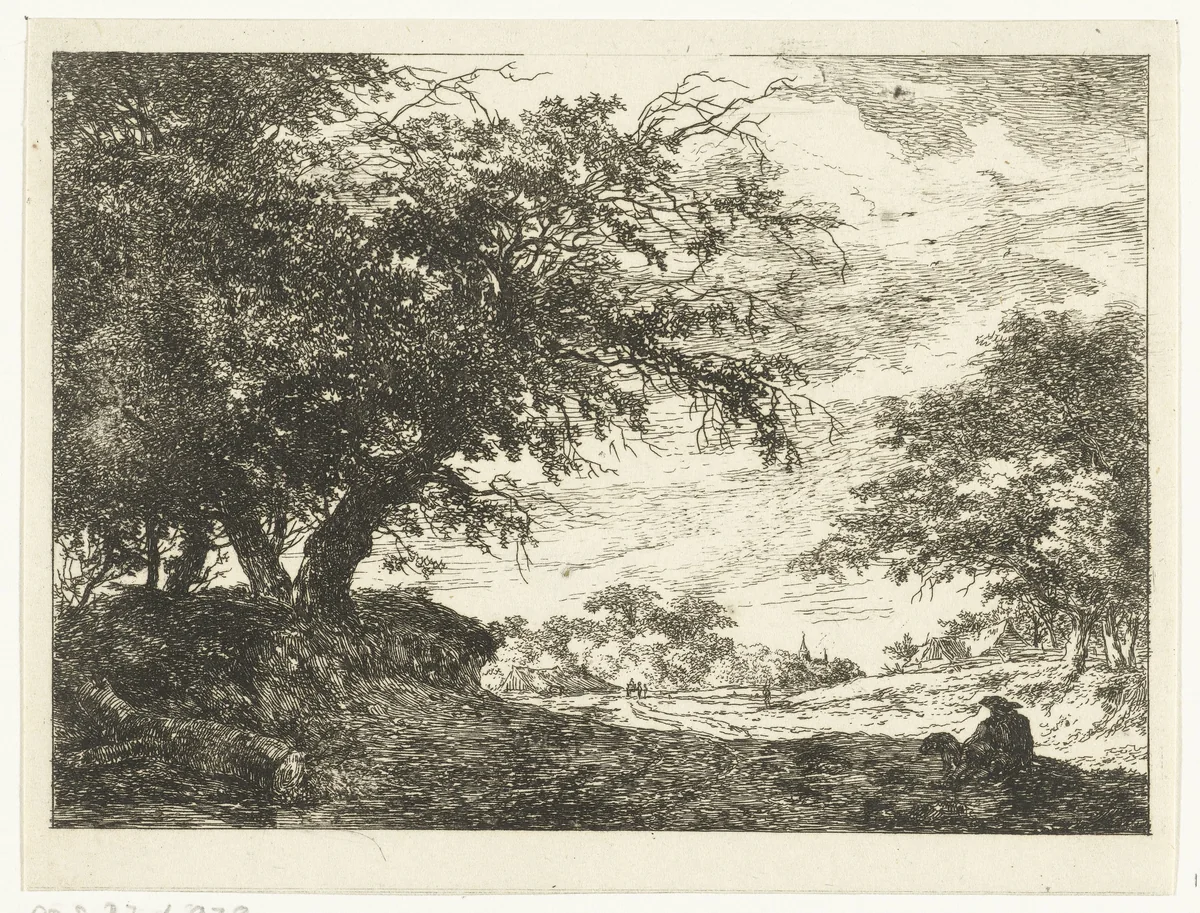 Weg naar dorp met rustende man by Hermanus van Brussel, print, 1800-1815