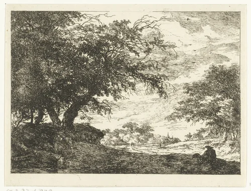 Weg naar dorp met rustende man by Hermanus van Brussel, print, 1800-1815