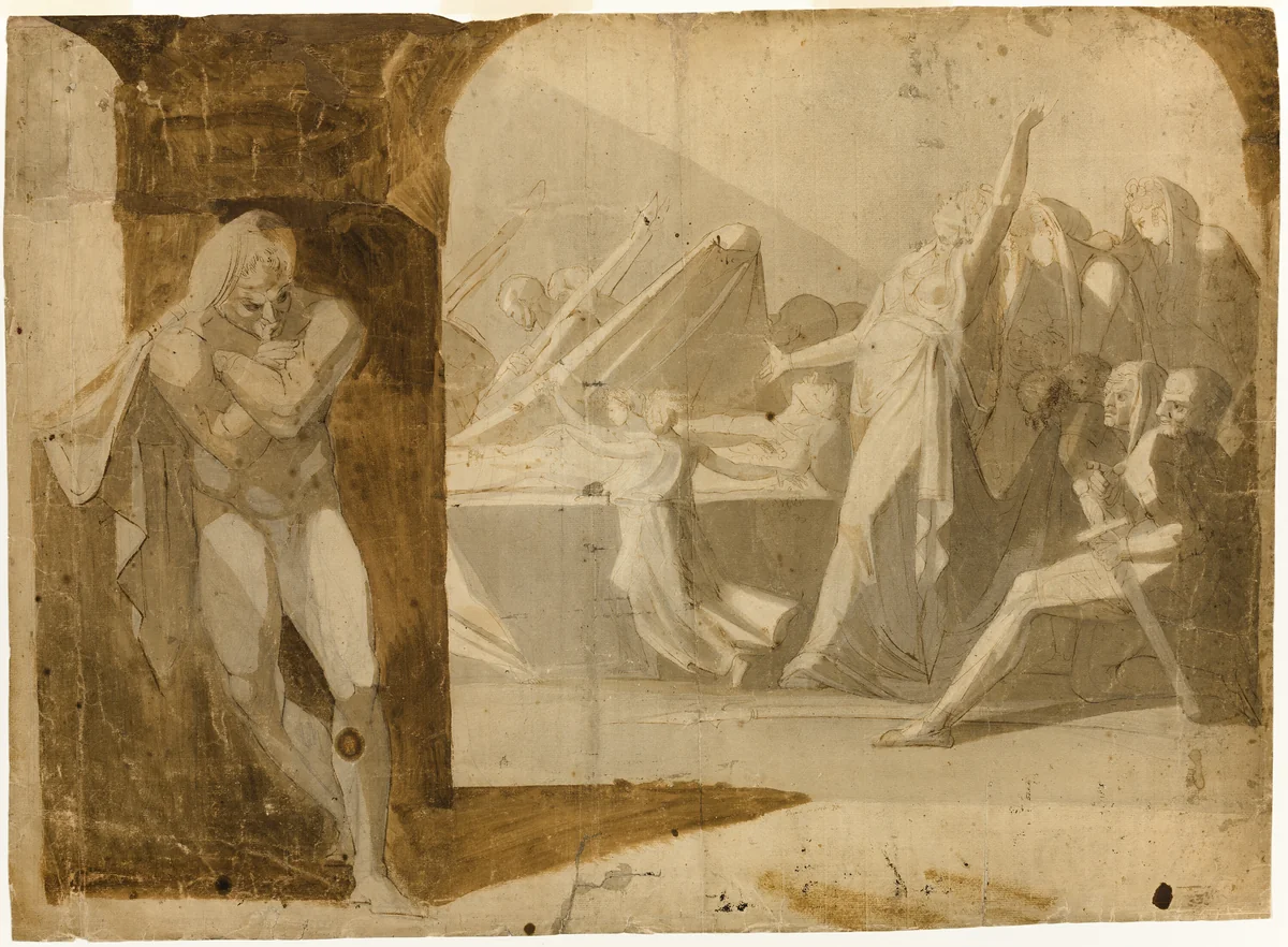 The Duke of Gloucester Lying in Wait for Lady Anne at the Funeral Procession of Her Father-in-law, King Henry VI (recto); Standing Male Nude, Leaning Forward (verso) by Henry Fuseli, drawing, 1750-1767
