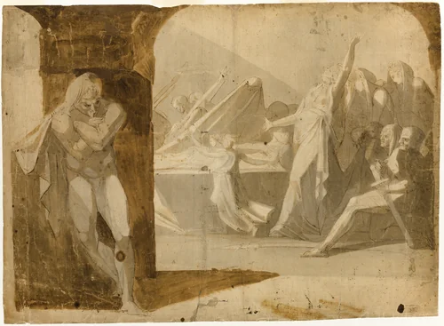 The Duke of Gloucester Lying in Wait for Lady Anne at the Funeral Procession of Her Father-in-law, King Henry VI (recto); Standing Male Nude, Leaning Forward (verso) by Henry Fuseli, drawing, 1750-1767