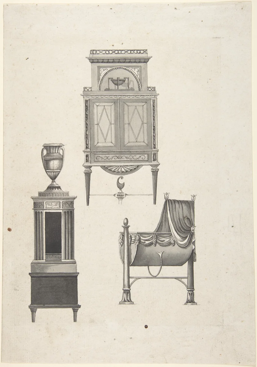 Design for furniture in a variation on the style of Thomas Sheraton, a desk or bookcase, a plate-warmer (?) pedestal, and a cradle by anonymous, drawing, 1810-1820