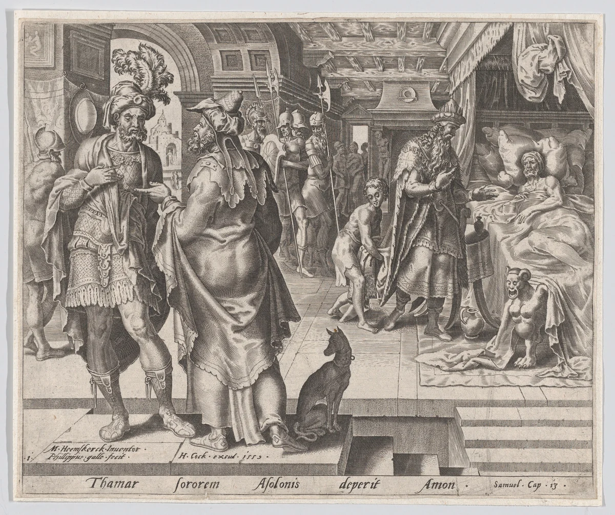 Jonadab Counselling Amnon, plate 1 from "The Story of Tamar and Amnon" by Philips Galle, print, 1559