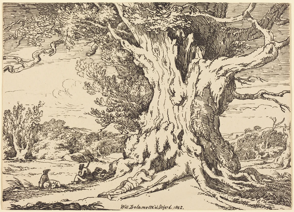 Resting, Men and Dogs under a Big Tree by William Alfred Delamotte, print, 1802