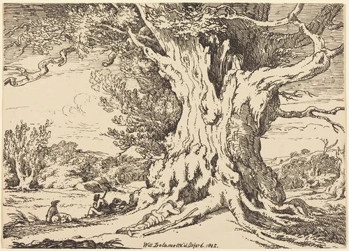 Resting, Men and Dogs under a Big Tree by William Alfred Delamotte, print, 1802