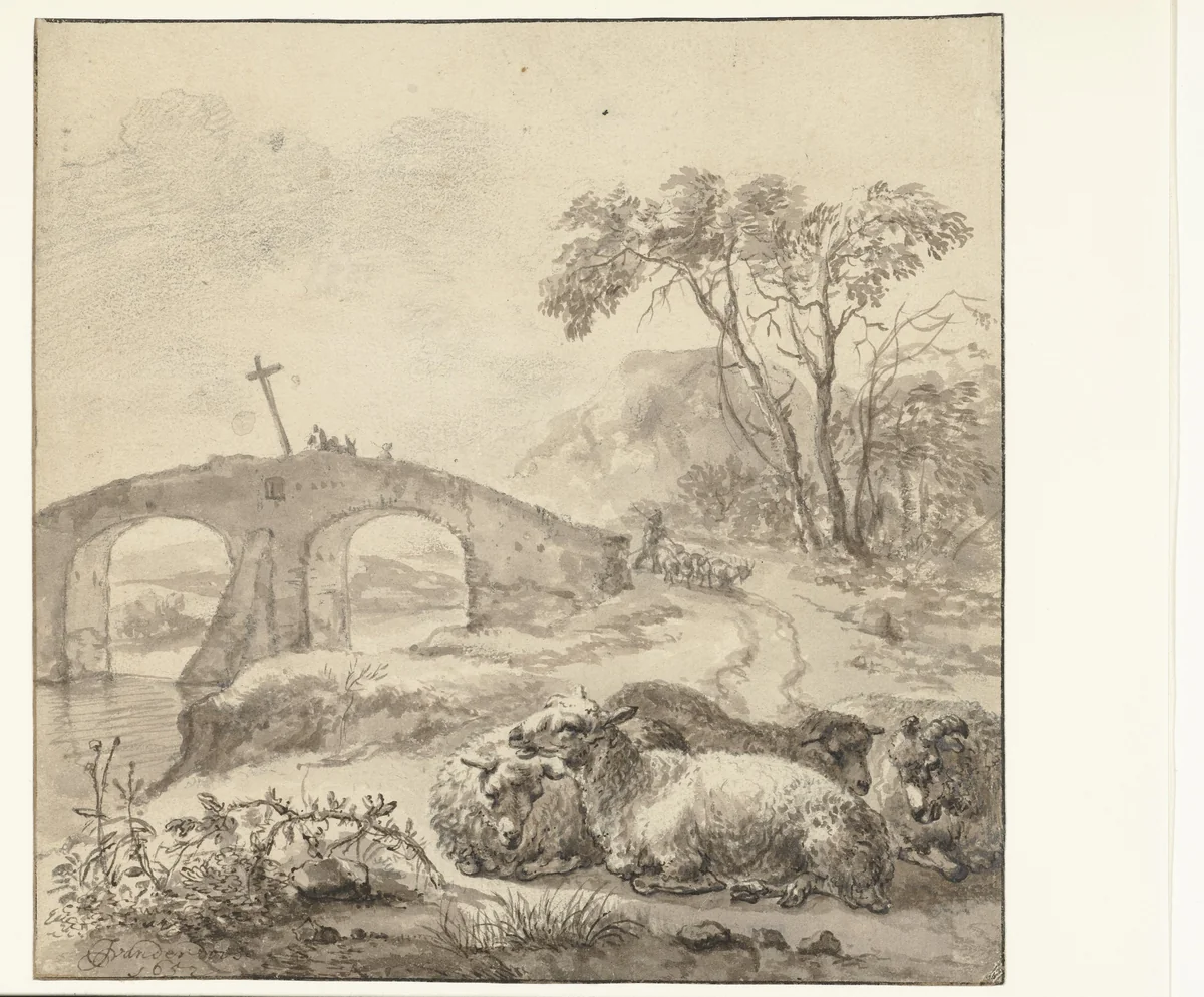 Landscape with Recumbent Sheep and a Stone Bridge by Jacob van der Does, drawing, 1652