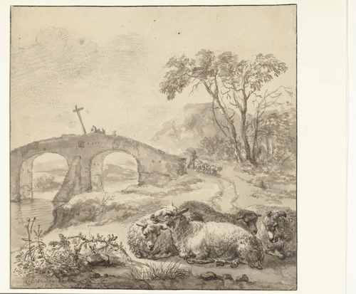 Landscape with Recumbent Sheep and a Stone Bridge by Jacob van der Does, drawing, 1652
