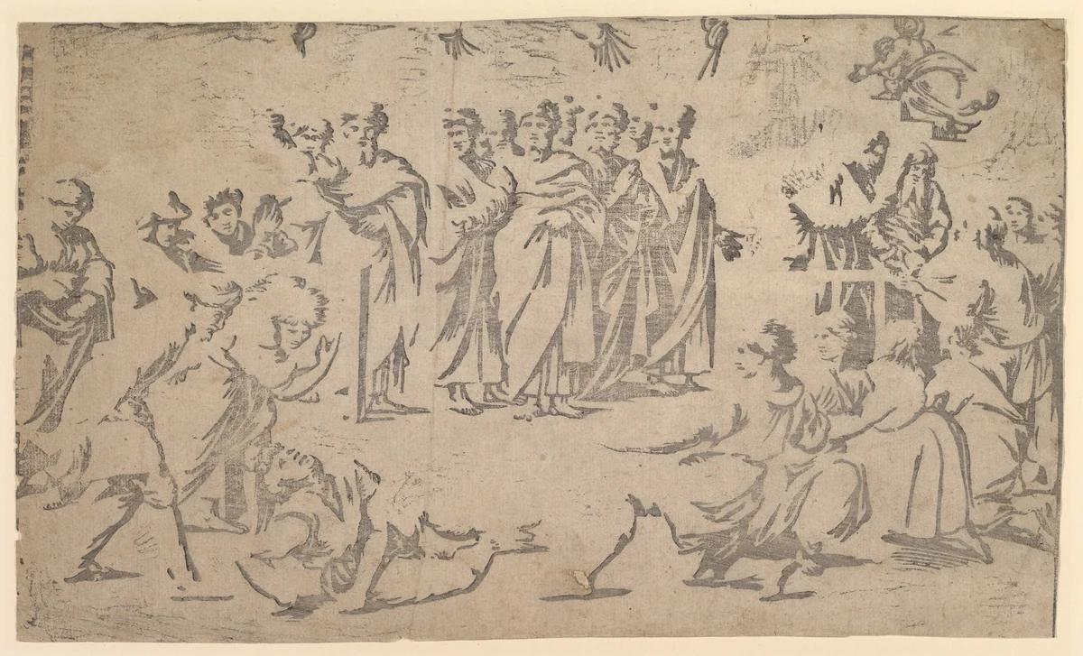 The death of Ananias surrounded by Apostles by Ugo da Carpi, print, 1518