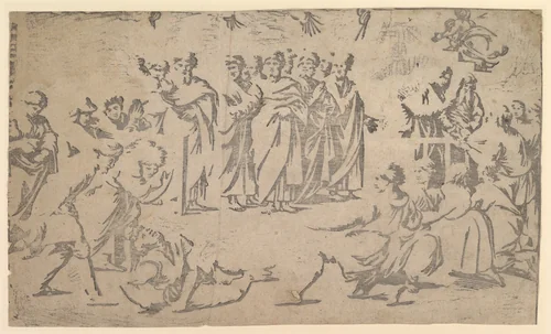 The death of Ananias surrounded by Apostles by Ugo da Carpi, print, 1518