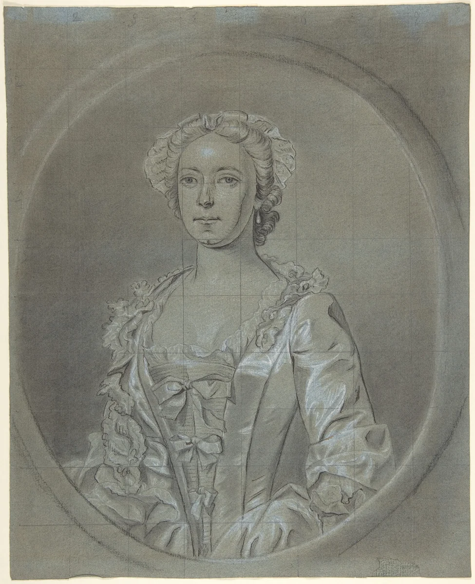 Half-length portrait study of a woman wearing a cap and pearl earrings by Joseph van Aken, drawing, 1735-1765