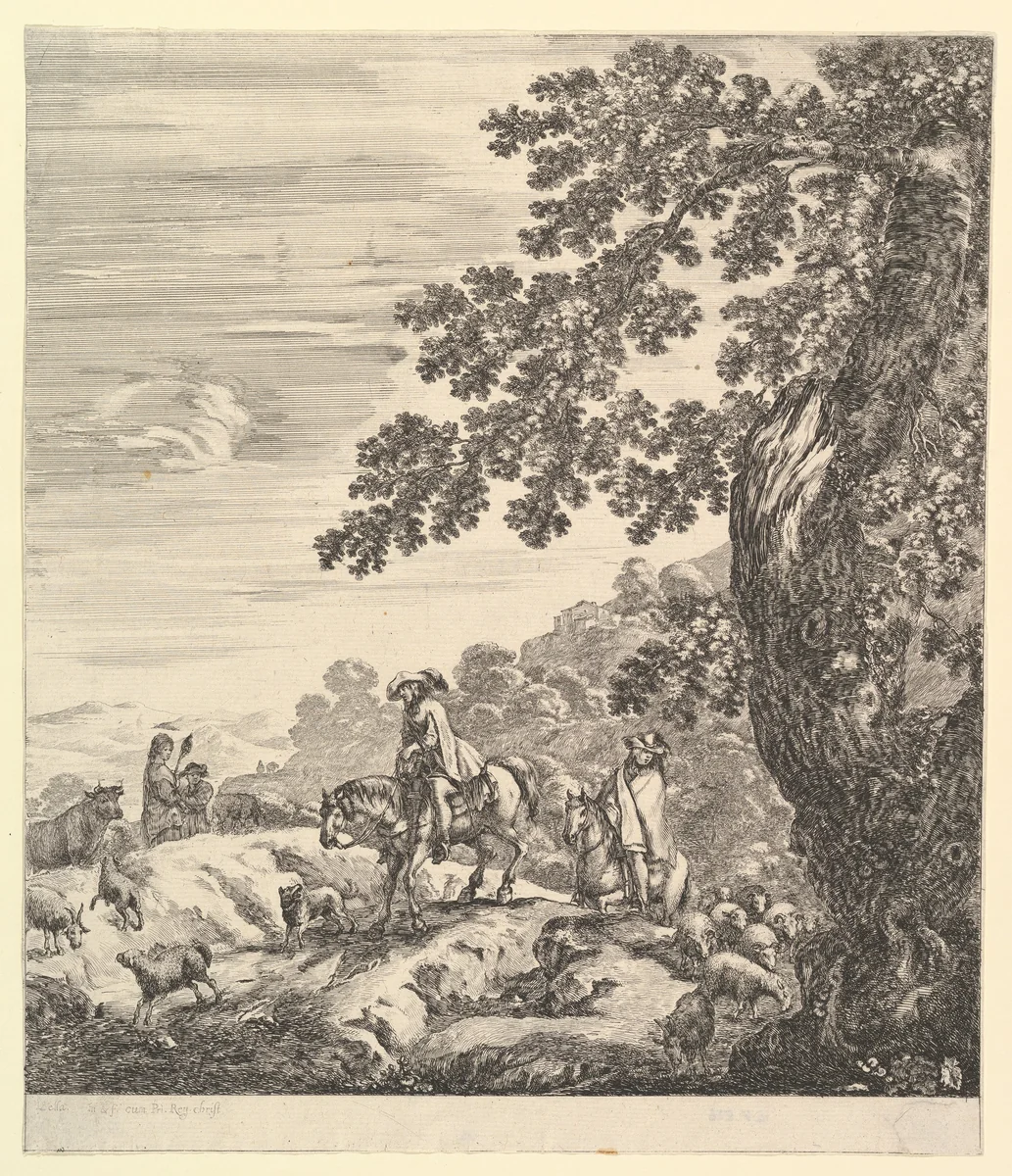 Two horsemen, a peasant woman and a young boy, with a large tree, from "Six large views, four of Rome and two of the Roman countryside" (Six grandes vues, dont quatre de Rome et deux de la Campagne romaine) by Stefano della Bella, print, 1656