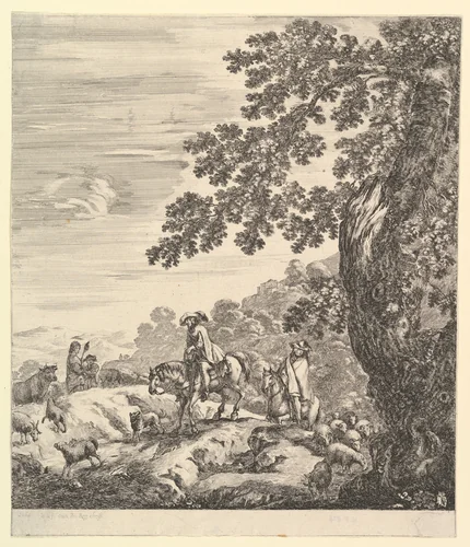 Two horsemen, a peasant woman and a young boy, with a large tree, from "Six large views, four of Rome and two of the Roman countryside" (Six grandes vues, dont quatre de Rome et deux de la Campagne romaine) by Stefano della Bella, print, 1656