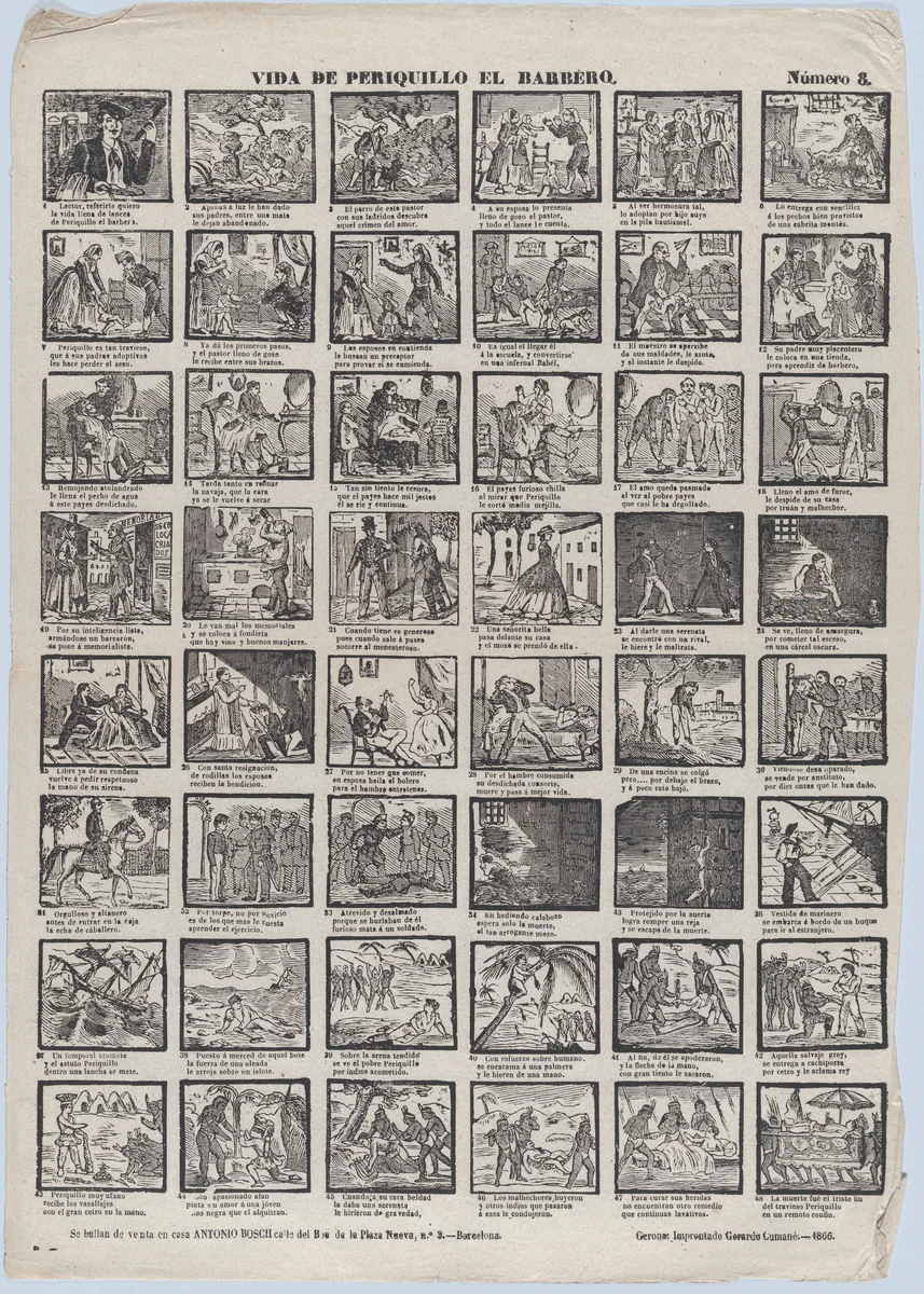 Broadside with 48 scenes from the life of Periquillo the Barber by Antonio Bosch, print, 1866