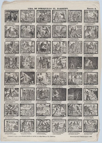 Broadside with 48 scenes from the life of Periquillo the Barber by Antonio Bosch, print, 1866