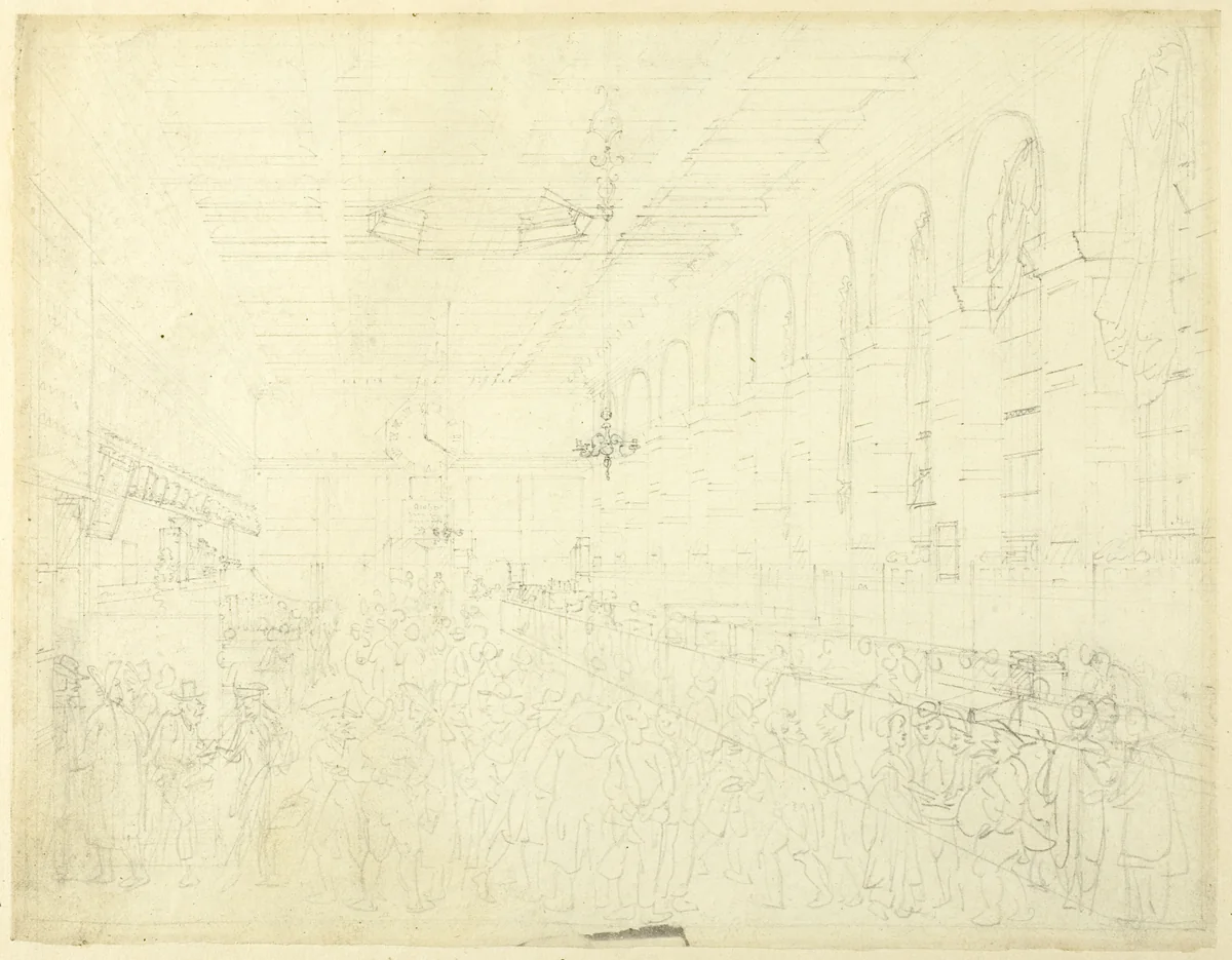 Study for The Long Room, Custom House, from Microcosm of London by Augustus Charles Pugin
Thomas Rowlandson, drawing, 1807-1808