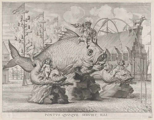 Plate 34: King Ferdinand as Neptune, seated on a whale at center, with putti atop two small fish on either side; from Guillielmus Becanus's 'Serenissimi Principis Ferdinandi, Hispaniarum Infantis...' by Jacob Neeffs, print, 1636