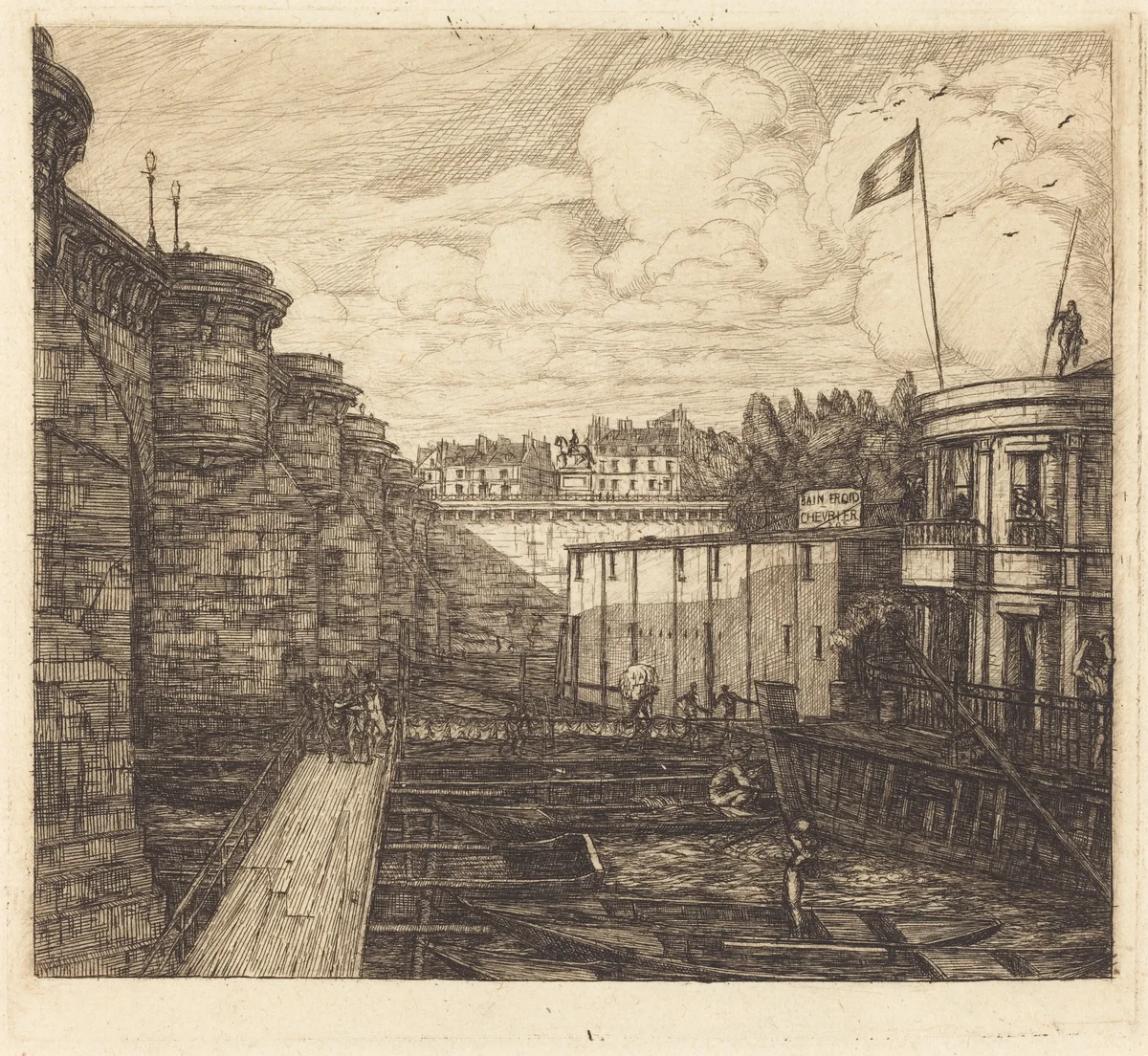 Bain-froid chevrier, dit "de l'École" (Chevrier's Cold-Bath Establishment, Sometimes called the "School-Baths") by Charles Meryon, print, 1864