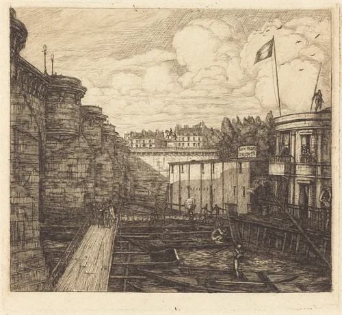 Bain-froid chevrier, dit "de l'École" (Chevrier's Cold-Bath Establishment, Sometimes called the "School-Baths") by Charles Meryon, print, 1864