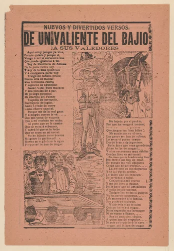 Broadsheet with new and entertaining verses about a 'Brave Man from the Heartland to His Friends' a caricature of a horseman and his horse and a group of men playing billiards by José Guadalupe Posada, print, 1902