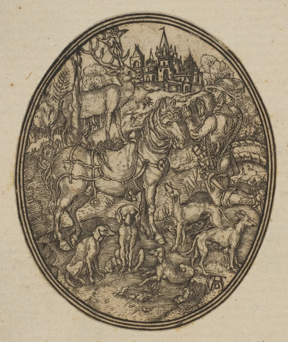 Saint Eustace (reduced reverse copy in oval) by Albrecht Dürer, print, 1485-1528