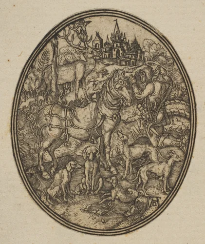 Saint Eustace (reduced reverse copy in oval) by Albrecht Dürer, print, 1485-1528
