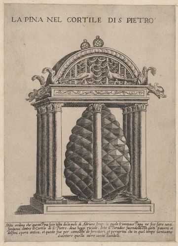 The Pineapple in the Courtyard of S. Pietro, from "Speculum Romanae Magnificentiae" by anonymous, print, 1530-1580