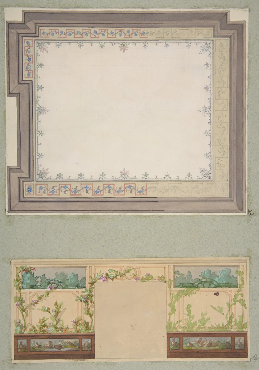 Designs for the ceiling and wall of a room decorated with waterbirds and flowering vines by Jules-Edmond-Charles Lachaise, drawing, 1830-1897