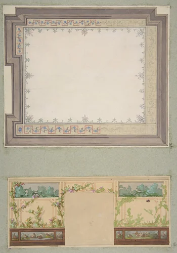 Designs for the ceiling and wall of a room decorated with waterbirds and flowering vines by Jules-Edmond-Charles Lachaise, drawing, 1830-1897