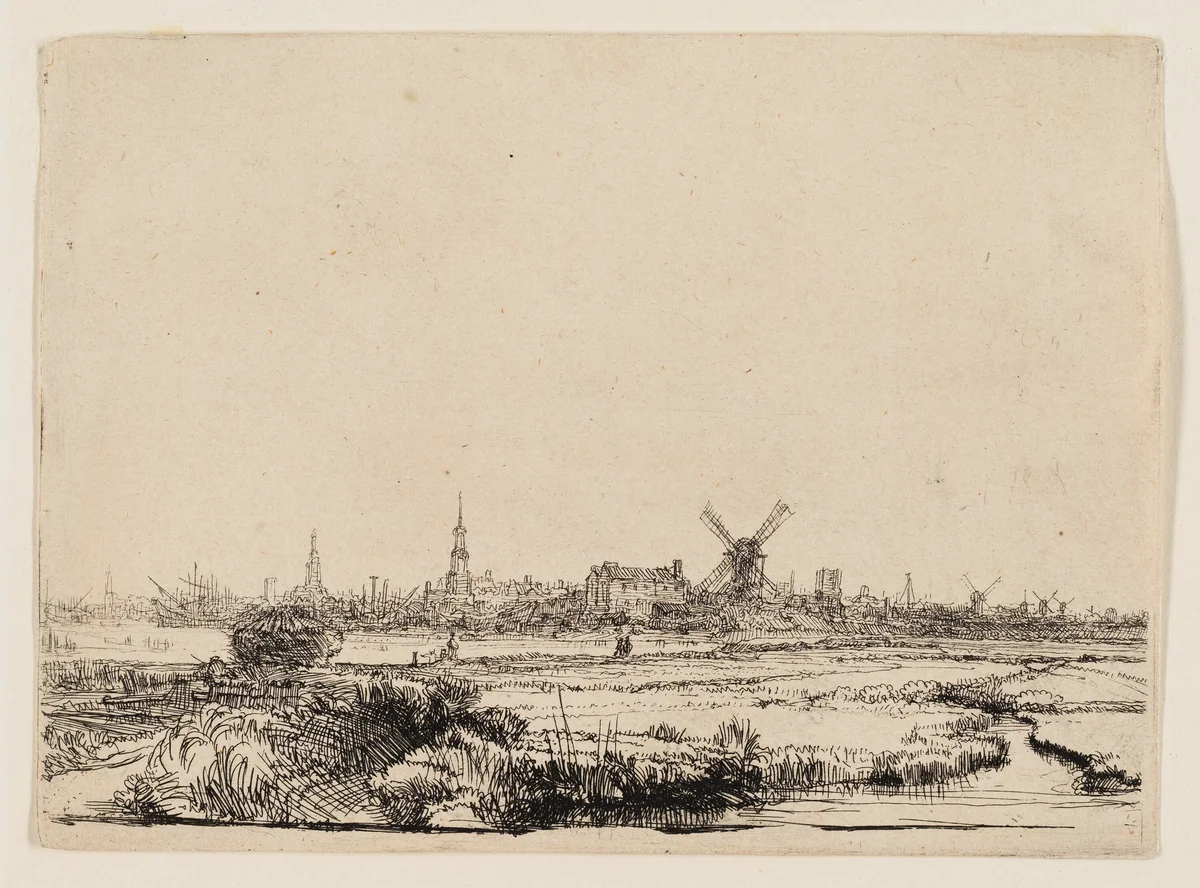 View of Amsterdam from the Kadijk by Rembrandt van Rijn, print, 1636-1646