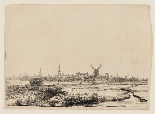 View of Amsterdam from the Kadijk by Rembrandt van Rijn, print, 1636-1646