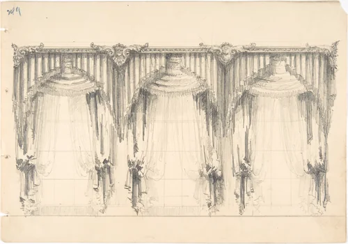 Design for Fringed, Pelmeted Curtains Hanging at Three Widows by anonymous, drawing, 1800-1850
