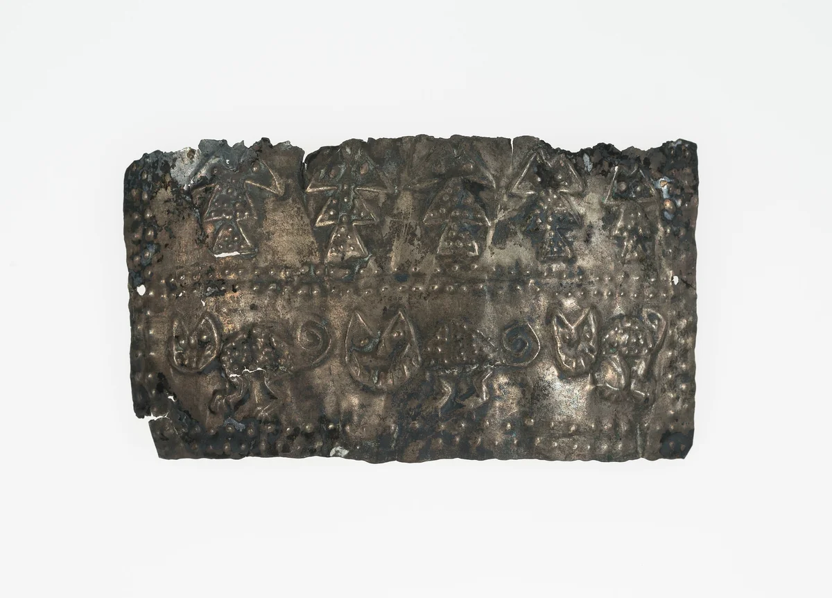 Fragment of a Band with Raised Relief Depicting Felines and Fish by Possibly Chimú, metalwork, 1000-1470