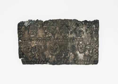 Fragment of a Band with Raised Relief Depicting Felines and Fish by Possibly Chimú, metalwork, 1000-1470