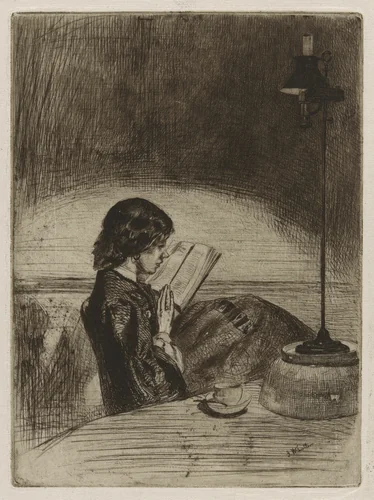Reading by Lamplight by James McNeill Whistler, print, 1859