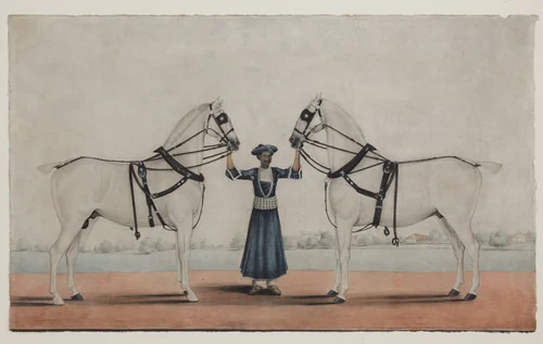 A Syce (Groom) Holding Two Carriage Horses by Shaikh Muhammad Amir, manuscript, 1820-1870