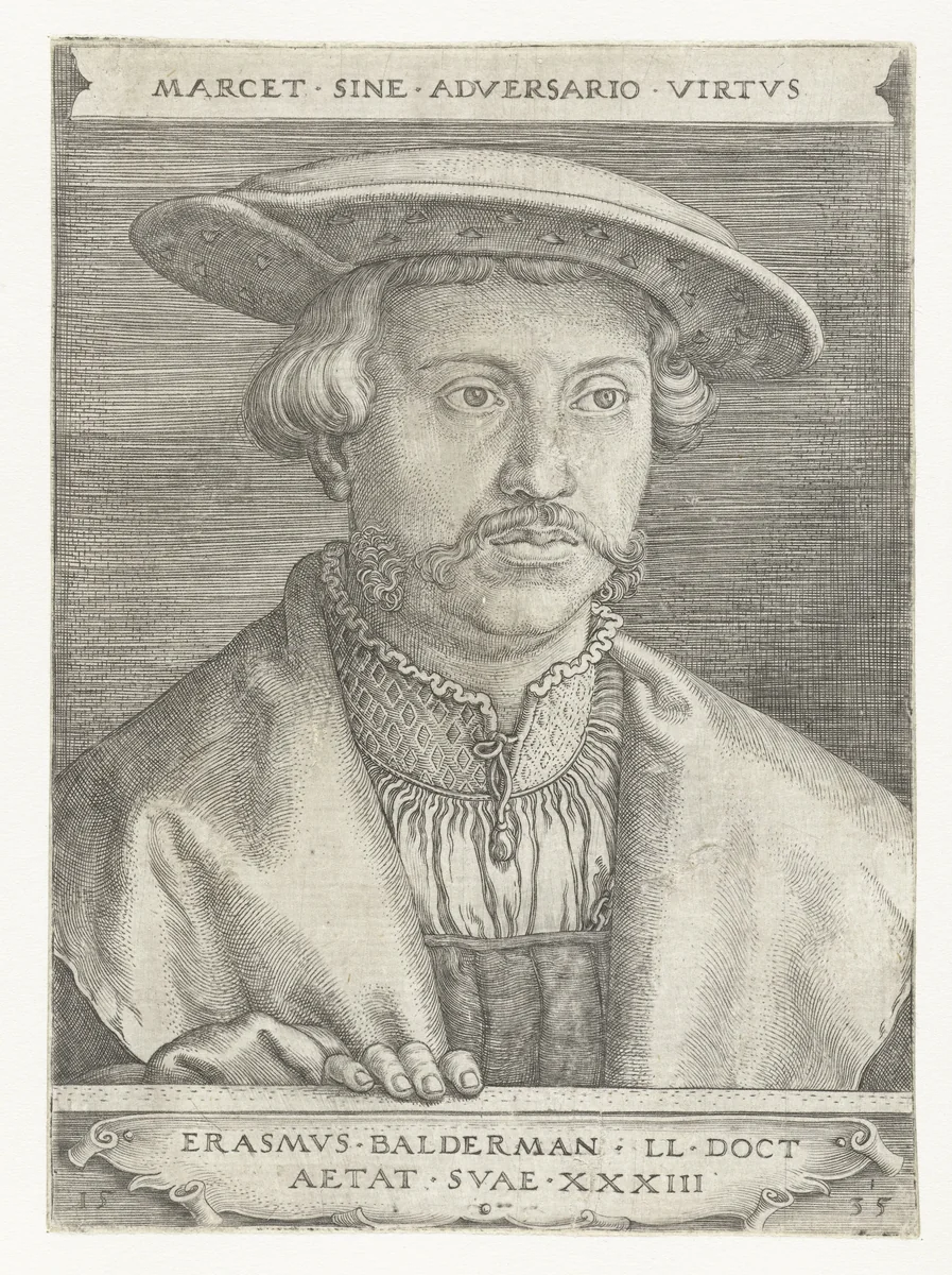 Portret van Erasmus Balderman by Barthel Beham, print, 1535