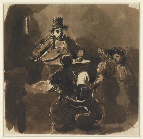 Kinderen rondom het vuur van een kastanjeverkoper (?) by Nicolas Toussaint Charlet, drawing, 1802-1845