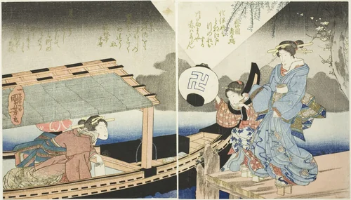 Night scence aboard a pleasure boat by Utagawa Kuniyoshi (歌川國芳), print, 1825-1845