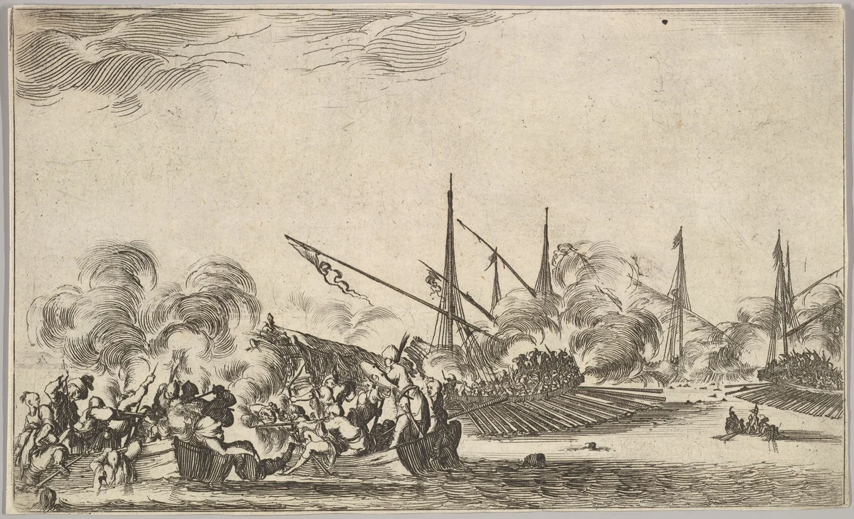 Combat between several rowboats and ships, two groups of men in rowboats fighting to left, two ships full of combatants to right, other ships and clouds of smoke in the background, from "Set of eight nautical landscapes" (Suite de huit Marines) by Stefano della Bella, print, 1639